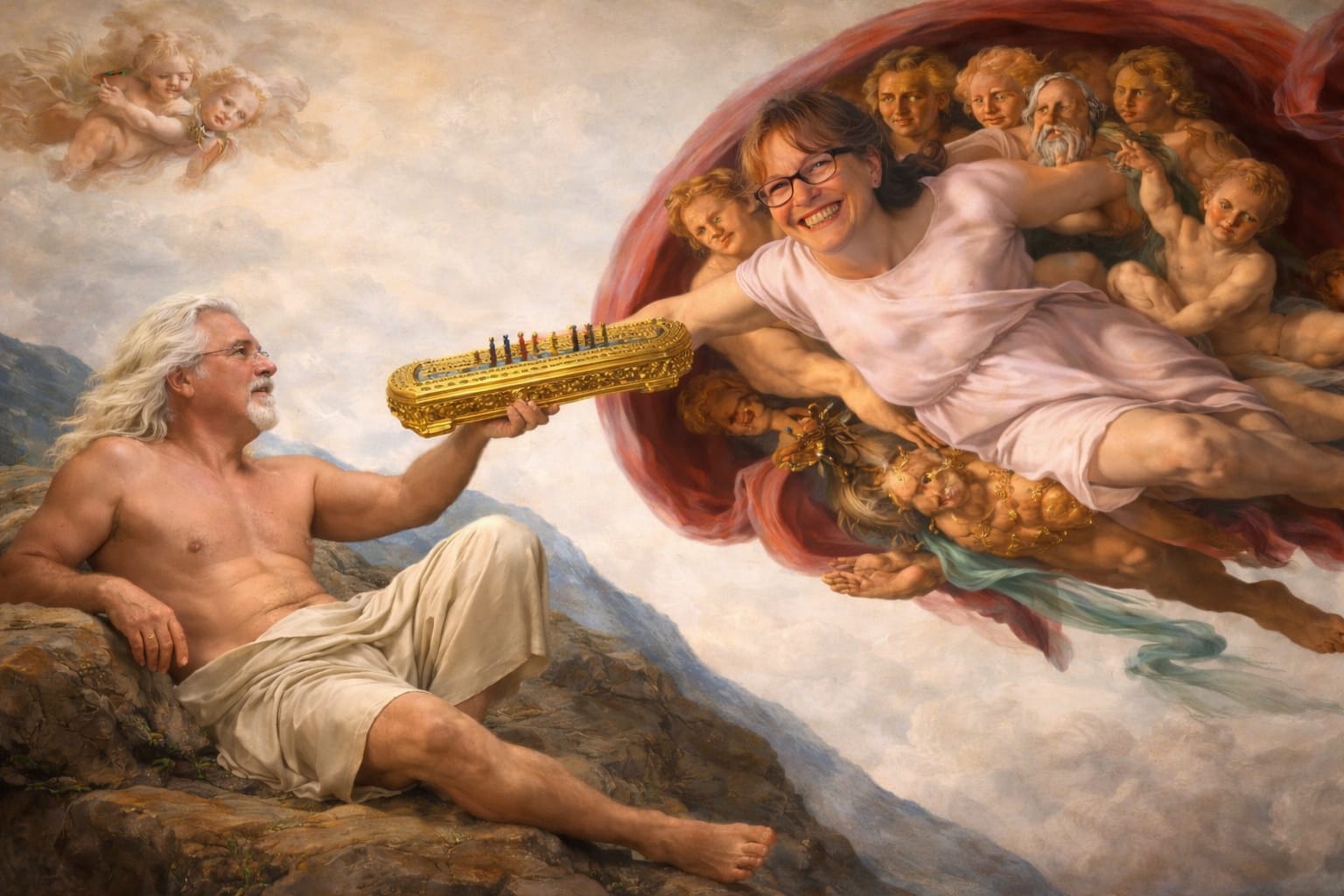 An oil painting of Ms. Lake in a divine pose, in the Sistine manner.
